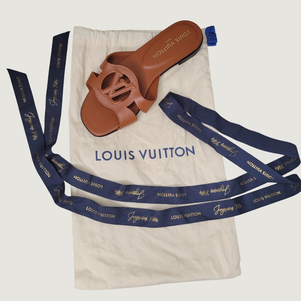 Louis Vuitton SINGLE SHOE Isola Flat Mule Brown Leather Sandal Logo Slide READ